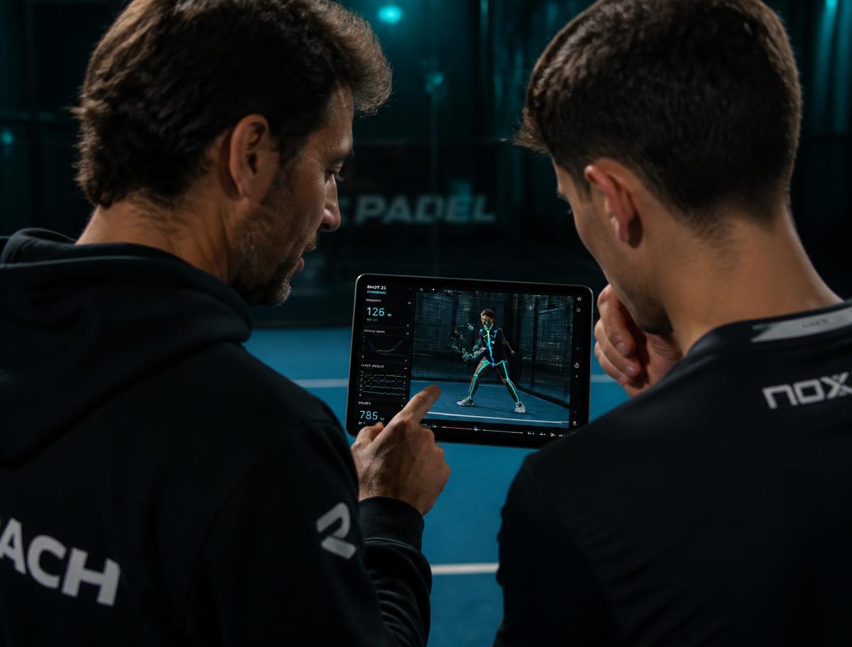 Coach and padel player reviewing movement analysis on a tablet courtside